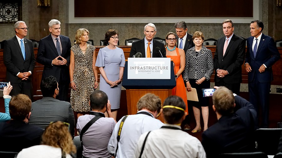 Sen. Rob Portman (R-Ohio) addresses reporters after a key vote regarding bipartisan infrastructure legislation on Wednesday, July 28, 2021.