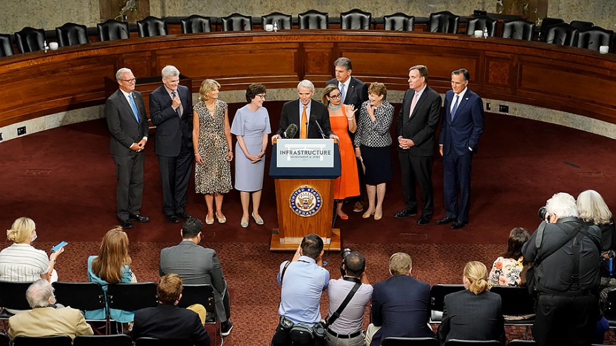 Sen. Rob Portman (R-Ohio) addresses reporters after a key vote regarding bipartisan infrastructure legislation on Wednesday, July 28, 2021.