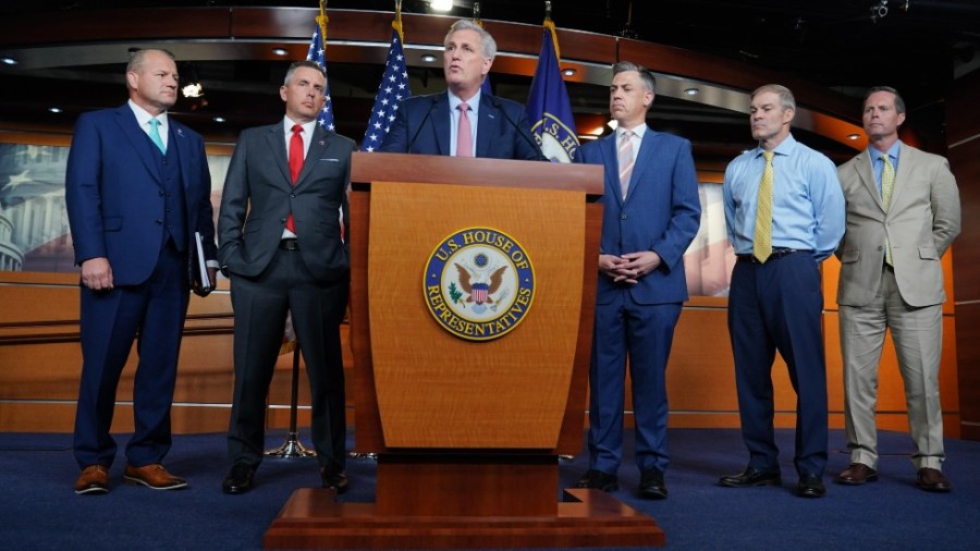 House Minority Leader Kevin McCarthy (R-Calif.) with Republican members selected for Jan. 6 panel