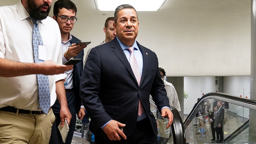 Sen. Ben Lujan (D-N.M.) speaks to reporters as he arrives for a vote regarding a nomination on Thursday, July 15, 2021.