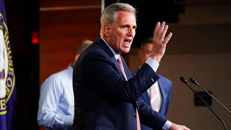 House Minority Leader Kevin McCarthy (R-Calif.) addresses reporters during a press conference on July 21, 2021 regarding Speaker Nancy Pelosi (D-Calif.) removing Reps. Jim Jordan (R-Ohio) and Jim Banks (R-Ind.) off of the January 6 Select Committee.