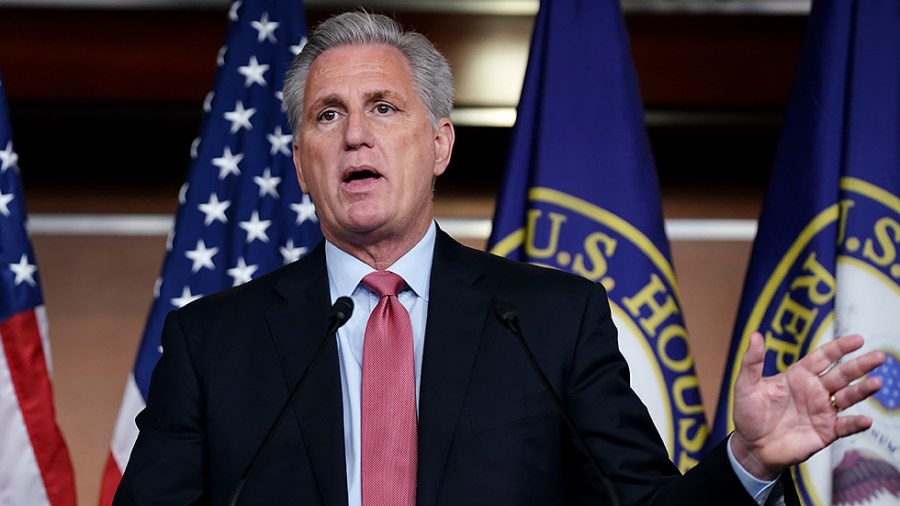 Minority Leader Kevin McCarthy (R-Calif.) addresses reporters during his weekly on-camera press conference on Thursday, July 22, 2021.