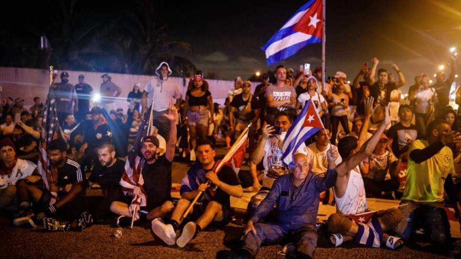 Protesters block the Palmetto Expressway in Miami in a show of support for Cubans demonstrating against their government