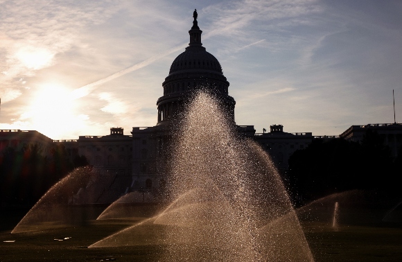 Sprinklers in front of the US Capitol