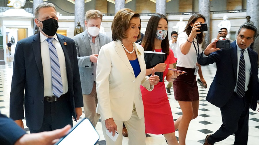 Speaker Nancy Pelosi (D-Calif.) arrives early for a press event on Tuesday, July 20, 2021 to discuss President Biden’s Child Tax Credit.