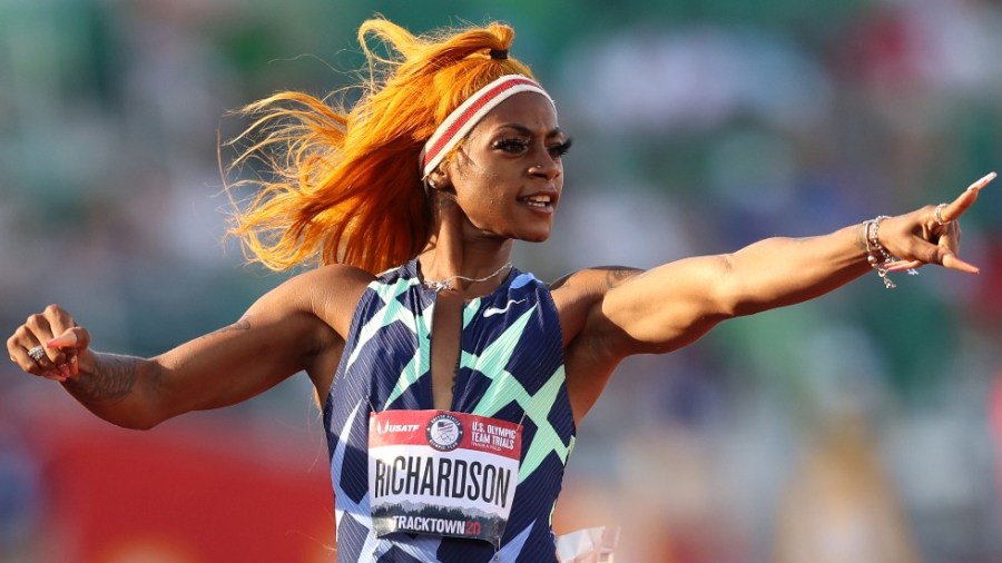 Sha'Carri Richardson celebrates winning the women's 100 meter semifinal on day 2 of the 2020 U.S. Olympic Track & Field Team Trials