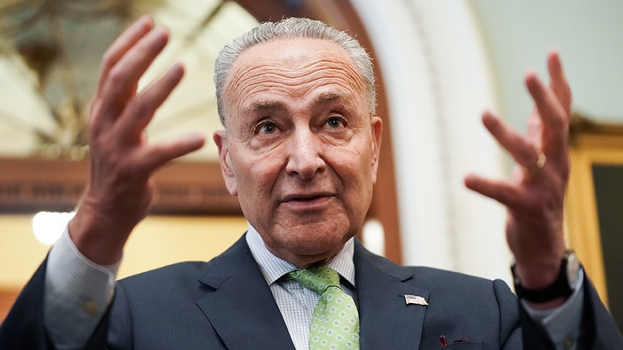 Majority Leader Charles Schumer (D-N.Y.) addresses reporters during the last vote series on June 24.