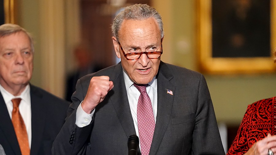 Majority Leader Charles Schumer (D-N.Y) speaks to reporters on July 13 following the policy luncheon