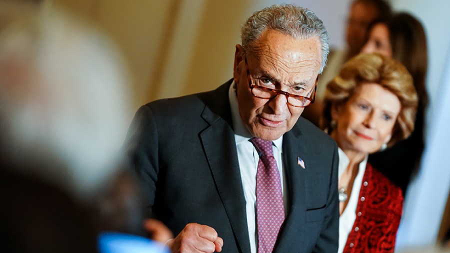 Majority Leader Charles Schumer (D-N.Y.) addresses reporters after the weekly policy luncheon on July 13