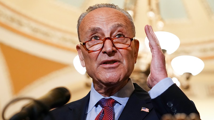 Majority Leader Charles Schumer (D-N.Y.) addresses reporters after the weekly policy luncheon on Tuesday, July 20, 2021.