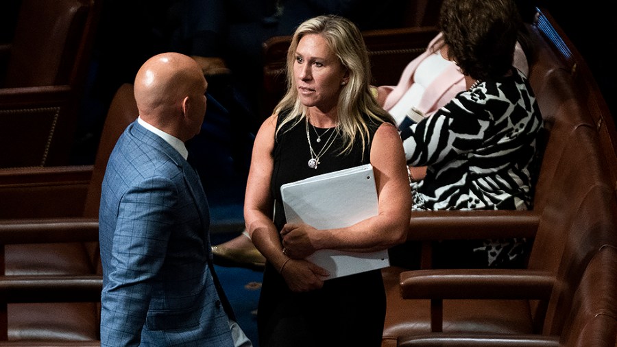 Rep. Marjorie Taylor Greene (R-Ga.) is seen as the House votes on whether to establish a select committee to investigate the January 6 attack on the Capitol in the House Chamber on Wednesday, June 30, 2021 in Washington, D.C.