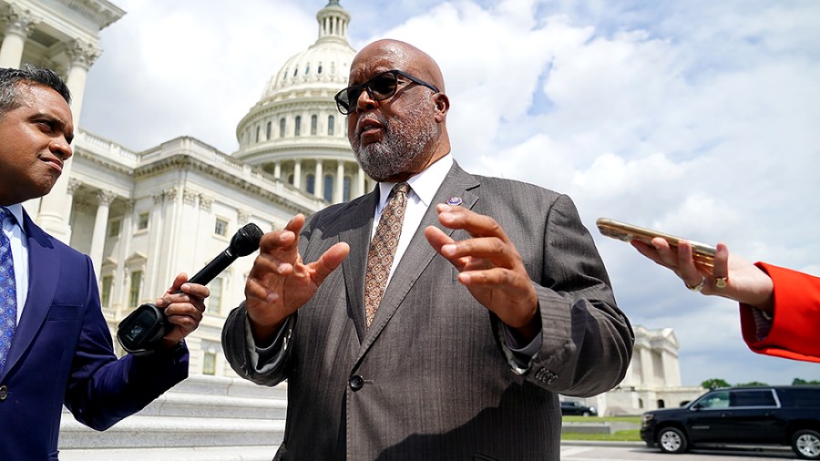 Rep. Bennie Thompson (D-Miss.) speaks to reporters about the January 6 Select Committee as he leaves the Capitol on July 1