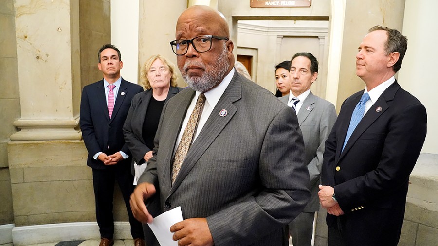 Rep. Bennie Thompson (D-Miss.) and members of the Jan. 6 Select Committee address reporters after informally meeting on July 1