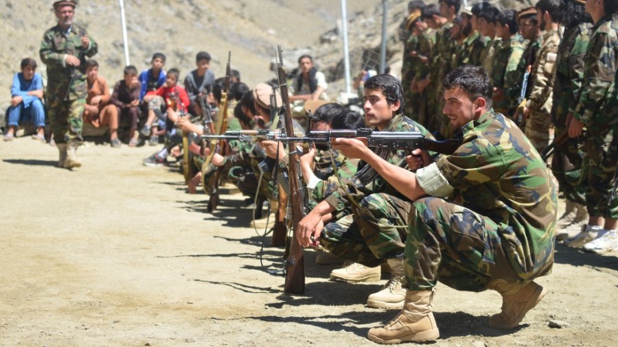 Afghan resistance movement and anti-Taliban uprising forces take part in military training at the Abdullah Khil area of Dara district