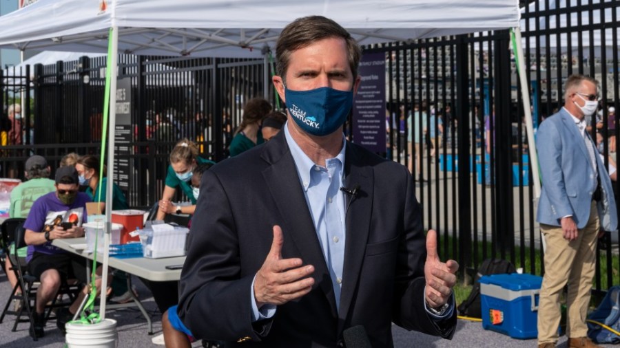 Kentucky Gov. Andy Beshear gives a brief press conference during a COVID-19 vaccination event