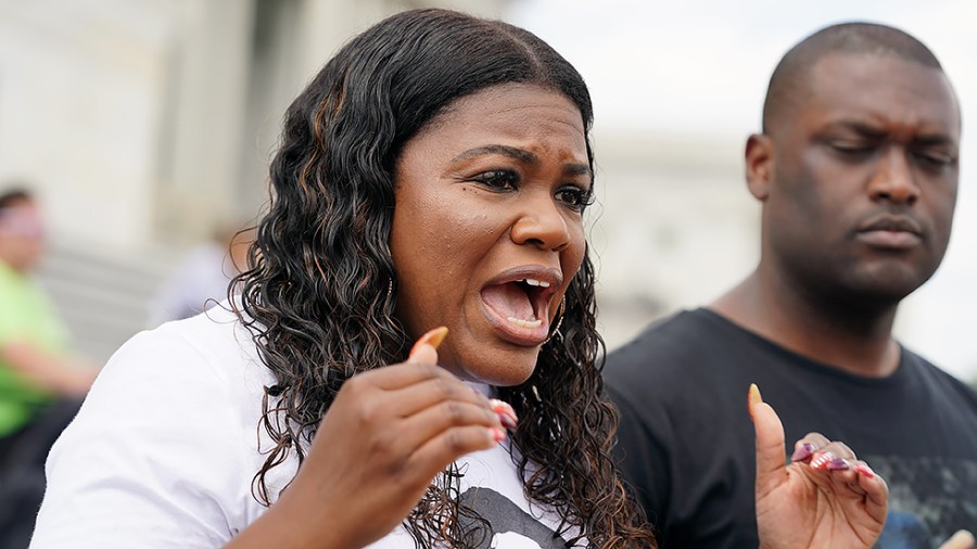 Reps. Cori Bush (D-Mo.) and Mondaire Jones (D-N.Y.) address reporters on the House Steps as they and housing advocates demand an extension of the now expired eviction moratorium on Monday, August 2, 2021.