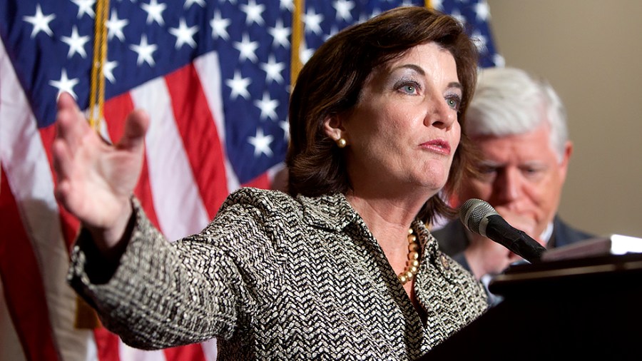 Rep. Kathy Hochul (D-N.Y.) speaks to the press after a House Democratic caucus meeting on Tuesday, October 25, 2011.