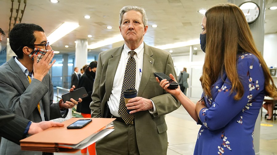 Sen. John Kennedy (R-La.) speaks to reporters as he arrives to the Capitol on Wednesday, August 4, 2021 for amendment votes regarding the bipartisan infrastructure bill.