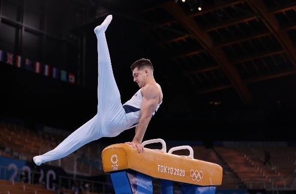 Max Whitlock of Team Great Britain competes in the Men's Pommel Horse Final