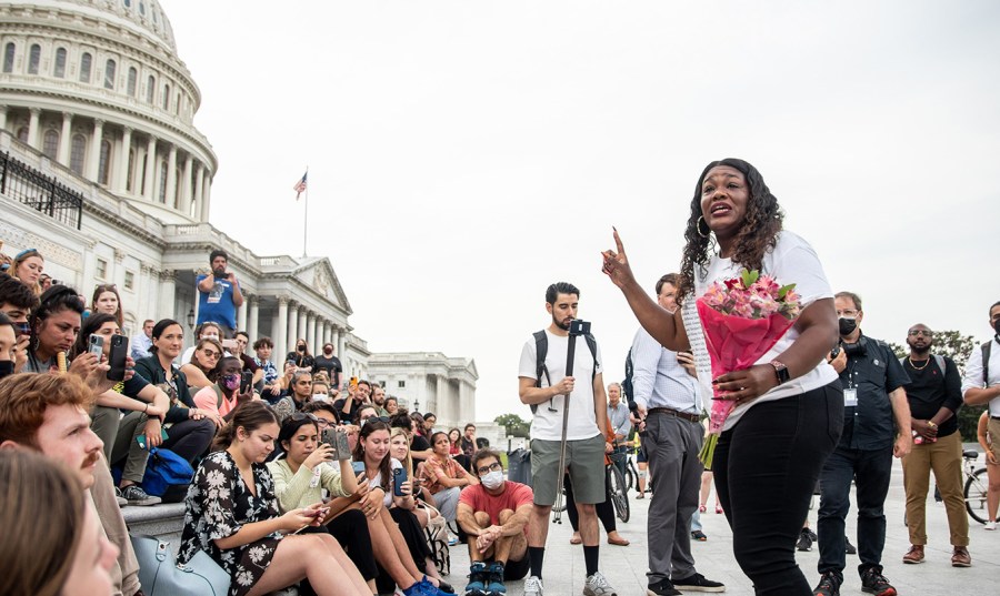 Rep. Cori Bush (D-Mo.) speaks to supporters near the Capitol steps