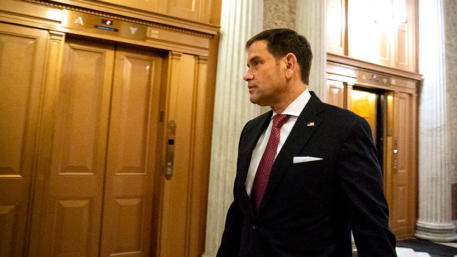 Sen. Marco Rubio (R-Fla.) arrives to the Capitol for a vote to end debate regarding the bipartisan infrastructure bill on Sunday, August 8, 2021.