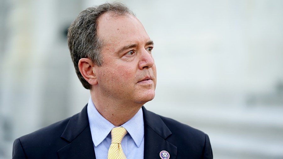 Rep. Adam Schiff (D-Calif.) speaks to reporters outside the House Chamber on Monday, August 23, 2021.