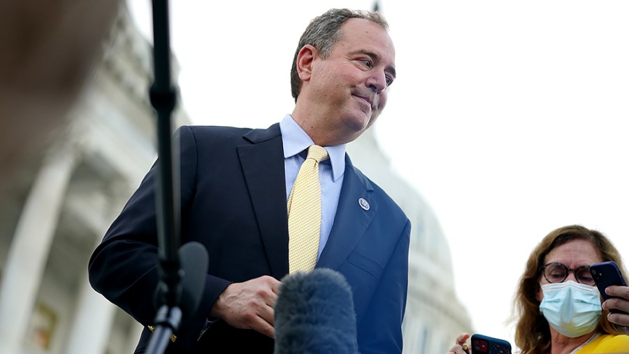 Rep. Adam Schiff (D-Calif.) speaks to reporters outside the House Chamber on Monday, August 23, 2021.