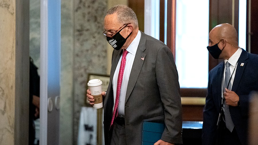 Majority Leader Charles Schumer (D-N.Y.) arrives to the Capitol on Tuesday, August 10, 2021 as the Senate will vote today on the bipartisan infrastructure bill and begin amendment votes for the budget resolution.