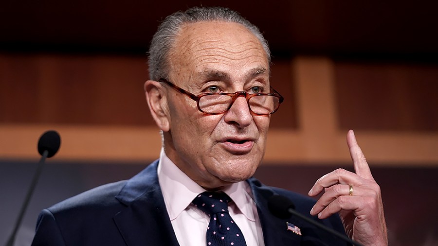 Majority Leader Charles Schumer (D-N.Y.) addresses reporters during a press conference on Wednesday, August 11, 2021 to discuss the bipartisan infrastructure bill and the budget resolution as the Senate leaves for the August district work period.