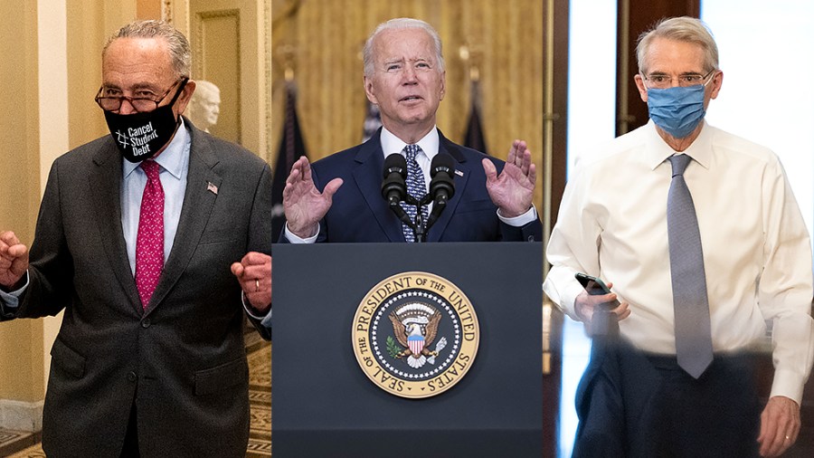 Majority Leader Charles Schumer (D-N.Y.), President Biden and Sen. Rob Portman (R-Ohio)