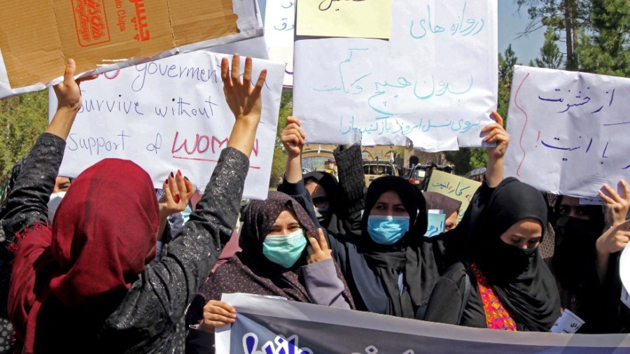 Afghan women hold placards as they take part in a protest in Herat