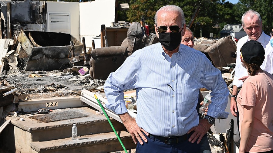 President Biden tours a neighborhood affected by Hurricane Ida in Manville, N.J., on September 7, 2021.