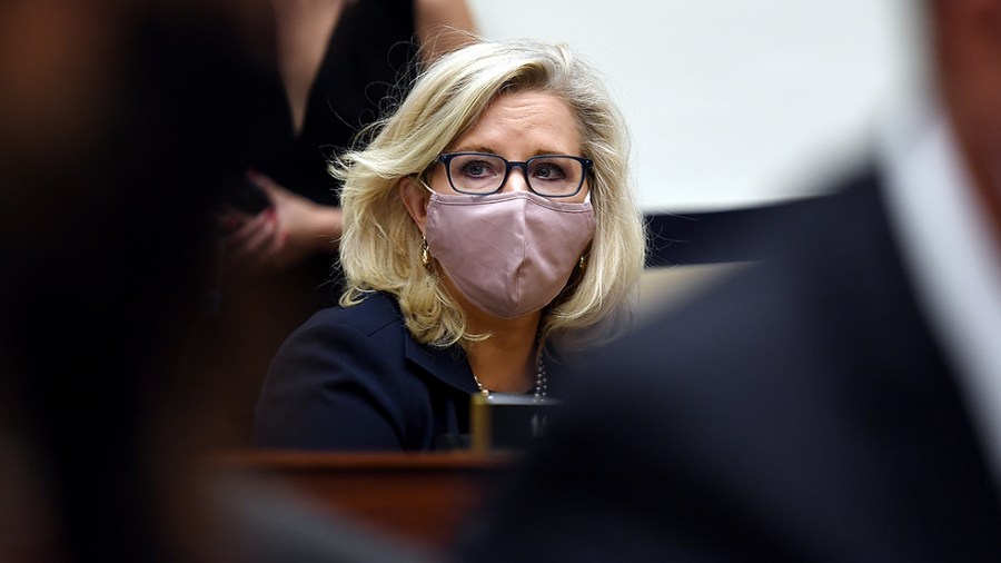 Rep. Liz Cheney (R-Wyo.) listens during a House Armed Services Committee on the conclusion of military operations in Afghanistan on September 29, 2021.