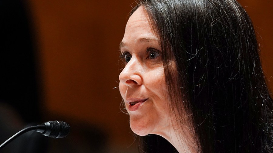 Nominee for Director of the Cybersecurity and Infrastructure Security Agency Jen Easterly testifies during her nomination hearing before the Senate Homeland Security and Governmental Affairs Committee on Thursday, June 10, 2021.