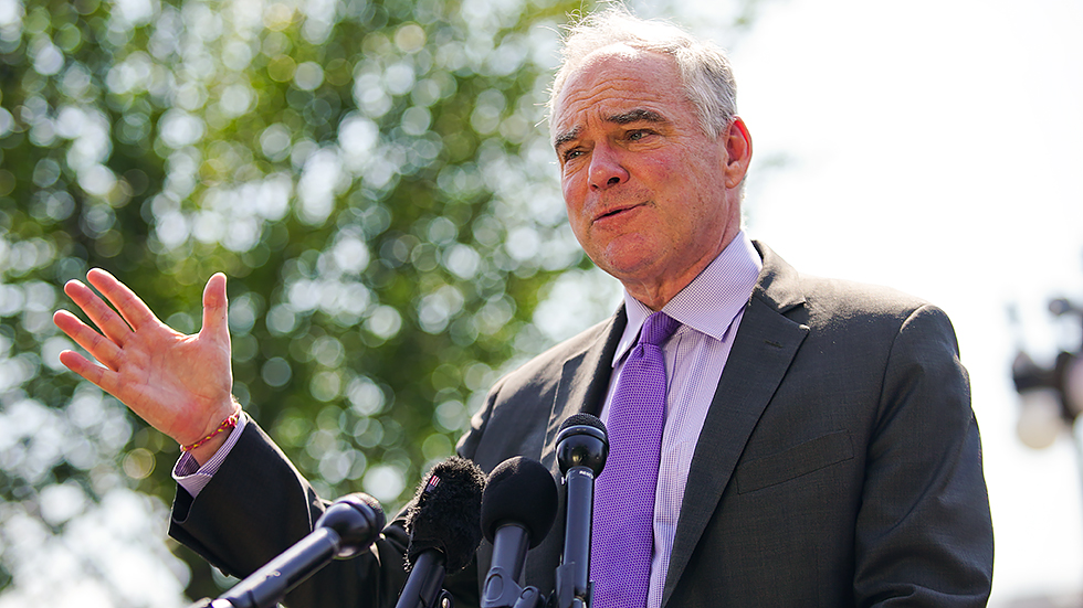 Sen. Tim Kaine (D-Va.) addresses reporters during a press conference on Wednesday, September 15, 2021 to discuss physician burnout and recent spikes in suicides due to the pandemic.