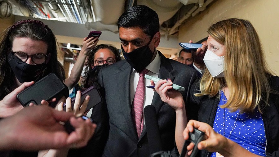 Rep. Ro Khanna (D-Calif.) speaks to reporters after a closed-door House Democratic caucus meeting on Tuesday, September 28, 2021.