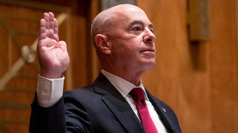 Secretary of Homeland Security Alejandro Mayorkas is sworn in during a Senate Homeland Security & Governmental Affairs Committee hearing to discuss security threats 20 years after the 9/11 terrorist attacks on Tuesday, September 21, 2021.