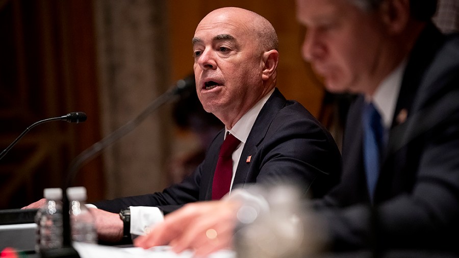 Secretary of Homeland Security Alejandro Mayorkas testifies during a Senate Homeland Security & Governmental Affairs Committee hearing to discuss security threats 20 years after the 9/11 terrorist attacks on Tuesday, September 21, 2021.