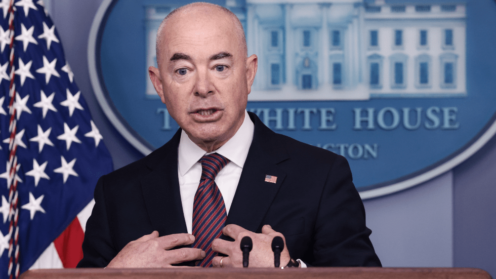 Homeland Security Secretary Alejandro Mayorkas he speaks at a press briefing at the White House