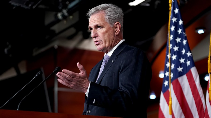 Minority Leader Kevin McCarthy (R-Calif.) addresses reporters during his weekly on-camera press conference on Thursday, September 23, 2021.