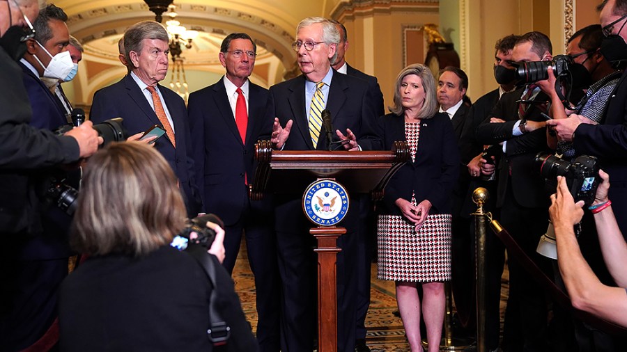 Minority Leader Mitch McConnell (R-Ky.) addresses reporters after the weekly policy luncheon on Tuesday, September 21, 2021.