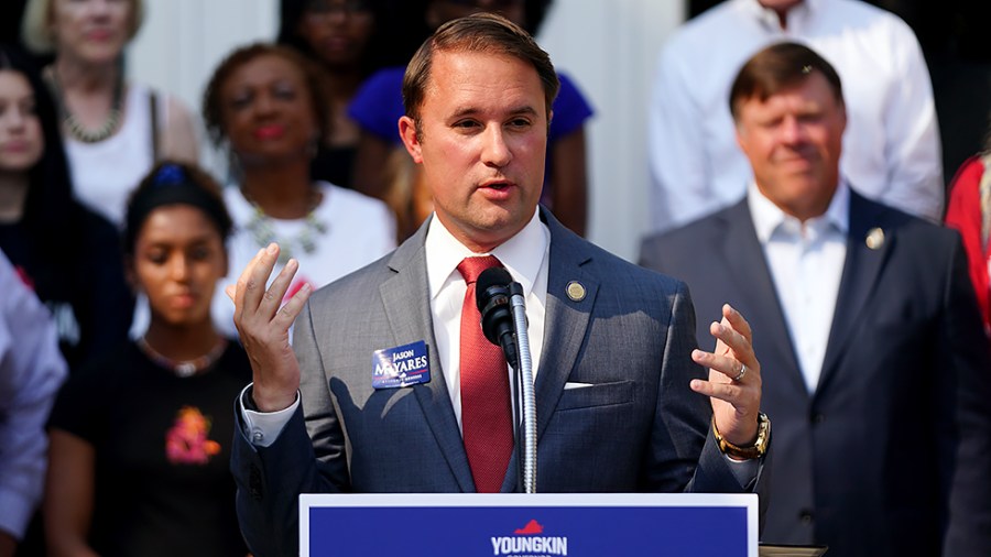 Republican candidate for Virginia Attorney General Jason Miyares Virginia speaks at an event at Virginia Union University in Richmond, Va., on Thursday, July 29, 2021 with Republican gubernatorial candidate Glenn Youngkin.