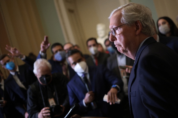 Senate Minority Leader Mitch McConnell (R-KY) answers questions at the U.S. Capitol