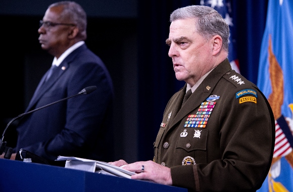 US Secretary of Defense Lloyd Austin III and Army General Mark Milley (R), Chairman of the Joint Chiefs of Staff, hold a press briefing