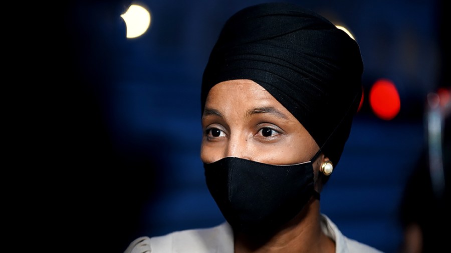 Rep. Ilhan Omar (D-Minn.) speaks to reporters following a photo op on the House Steps on Monday, September 27, 2021.