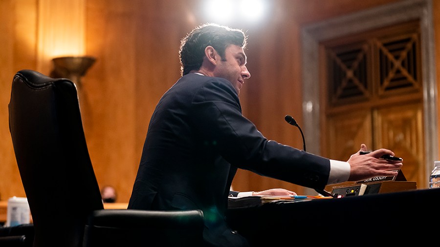 Sen. Jon Ossoff (D-Ga.) is seen during a Senate Homeland Security & Governmental Affairs Committee hearing to discuss security threats 20 years after the 9/11 terrorist attacks on Tuesday, September 21, 2021.