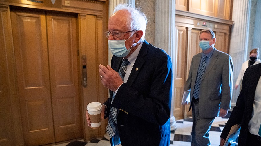 Sen. Bernie Sanders (I-Vt.) arrives to the Senate Chamber for a vote regarding a nomination on Wednesday, September 29, 2021.