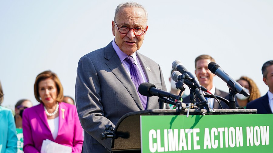 Majority Leader Charles Schumer (D-N.Y.) addresses reporters at a press conference to discuss climate change on Tuesday, July 28, 2021.