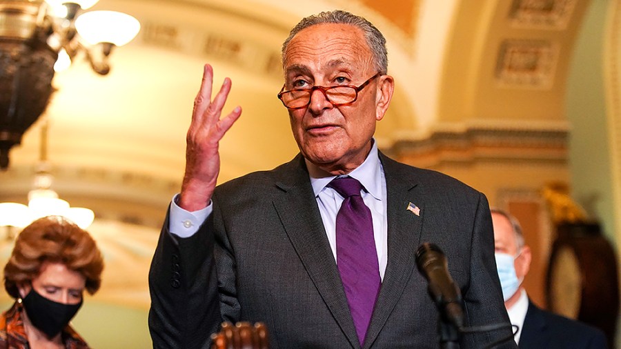 Majority Leader Charles Schumer (D-N.Y.) addresses reporters after the weekly policy luncheon on Tuesday, September 14, 2021.