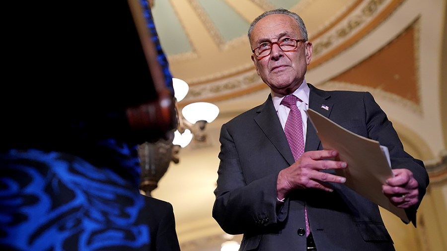 Majority Leader Charles Schumer (D-N.Y.) is seen during a weekly press conference following the Democratic policy luncheon on Tuesday, September 28, 2021.